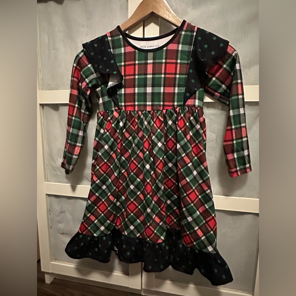 Plaid Long Sleeve Dress with Ruffle Details